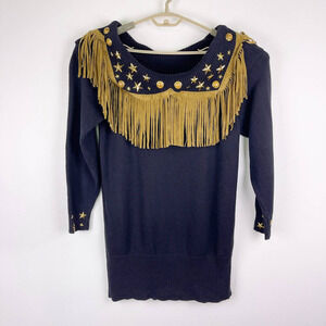 Vintage Suzy T Western Fringe Black Ribbed Star Studded Sweater Women's Medium